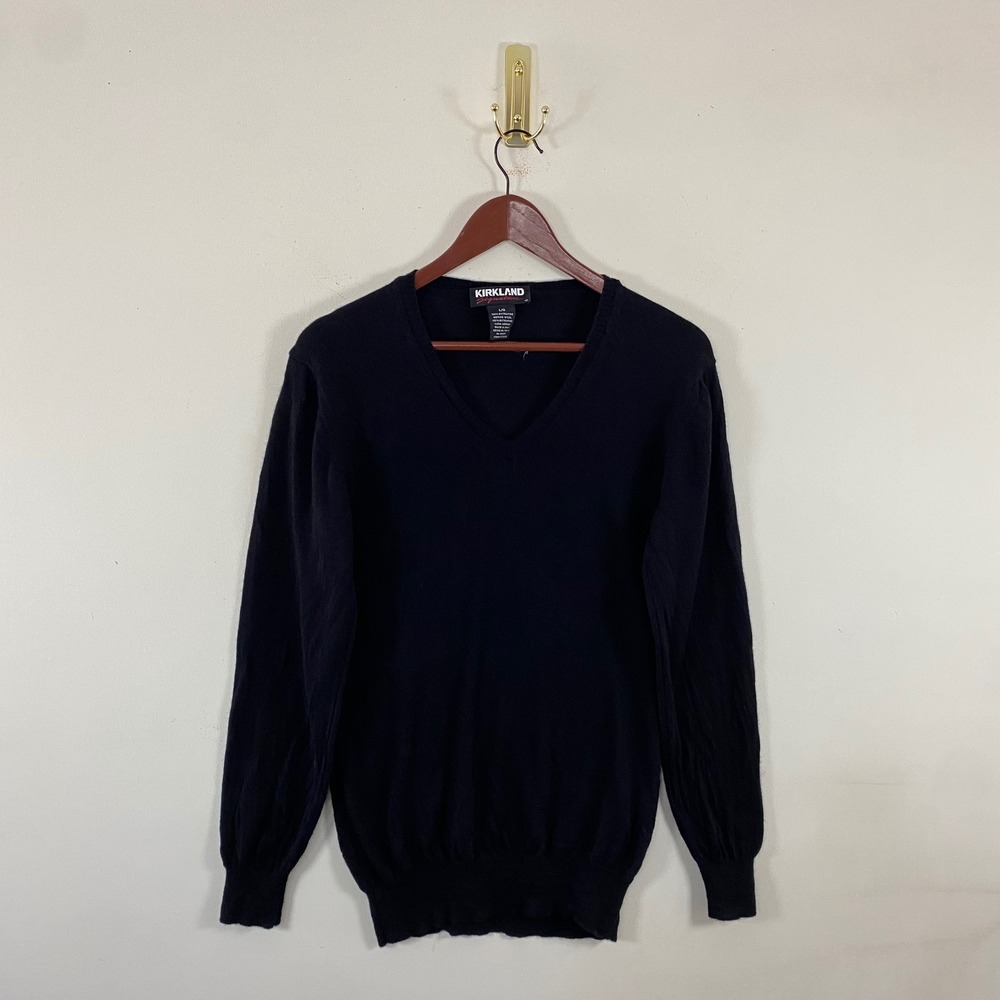 Kirkland Signature Merino Wool Black V Neck Sweater Mens Large Minimalist